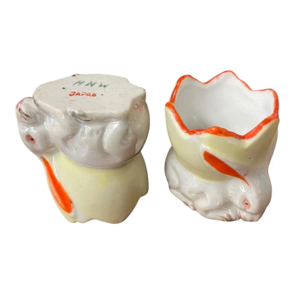 Vintage Japanese Rabbit Salt Cellars Nesting Pair‎ MCM Porcelain Bunny HNW Japan